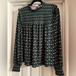 NWT Boden Smocked Yoke Printed Top, Hunter Green, Tapestry Bud, size 12 (US)